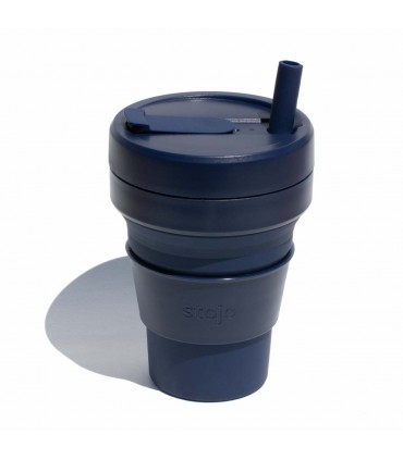 Tasse pliable Stojo 470ml bleue marine avec paille en silicone écologique