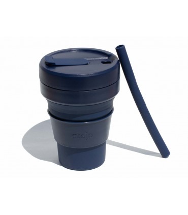 Tasse pliable Stojo 470ml bleue marine avec paille en silicone réutilisable