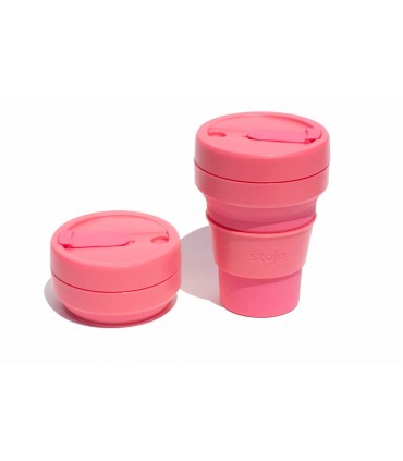Pretty collapsed Stojo cup with unfolded Stojo cup 355 ml pink