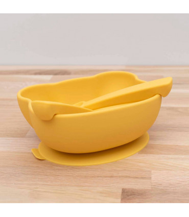 Yellow, silicone sticky bowl with a fork and a spoon for a baby, We might be tiny
