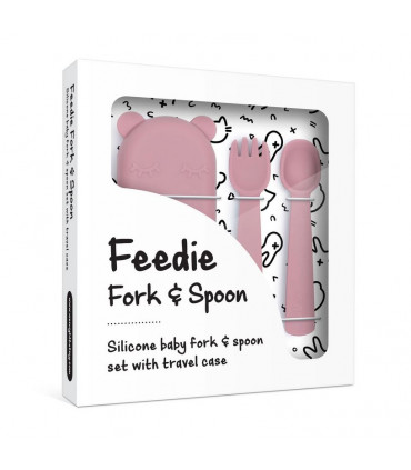 Dusty rose silicone fork and spoon set for a baby, BPA free, We might be tiny