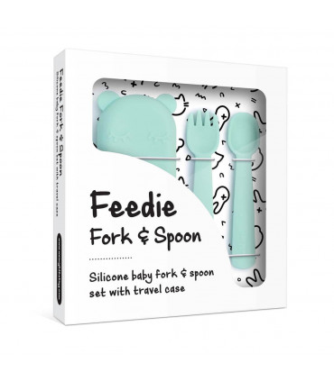 Minty green silicone fork and spoon set for a baby, BPA free, We might be tiny