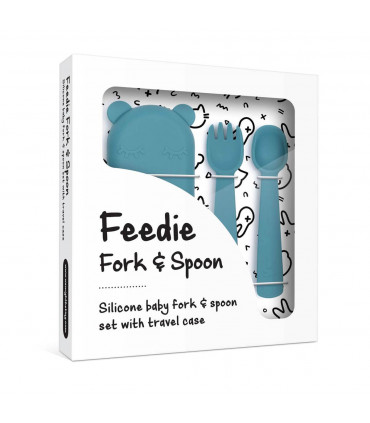 Blue silicone fork and spoon set for a baby, BPA free, We might be tiny