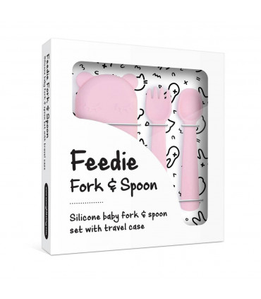 Pink silicone fork and spoon set for a baby, BPA free, We might be tiny