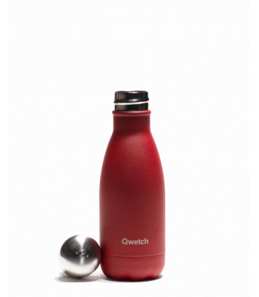 small red Qwetch reusable water bottle