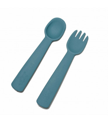 Blue silicone fork and spoon for a baby, We might be tiny
