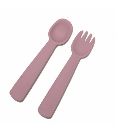 Dusty rose silicone fork and spoon set for a baby, BPA free, We might be tiny