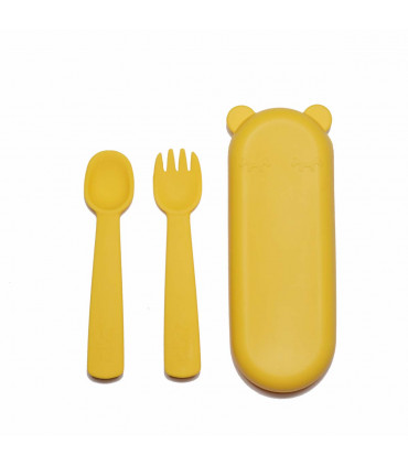 A set of yellow silicone fork and spoon for a baby, We might be tiny
