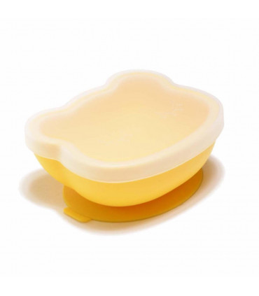 Yellow silicone suction bowl with lid, We might be tiny