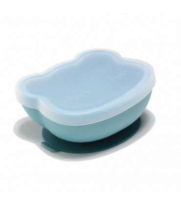Blue silicone suction bowl with lid, We might be tiny