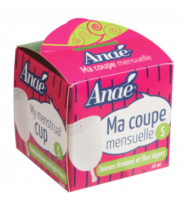 Small size Anaé silicone menstrual cup in front view cardboard packaging