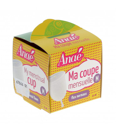 Medium size Anaé silicone menstrual cup in front view cardboard packaging