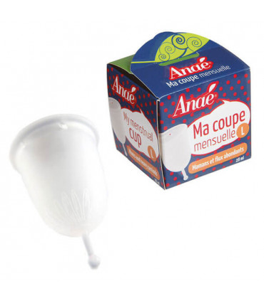 Large size Anaé silicone menstrual cup with front view cardboard packaging with 