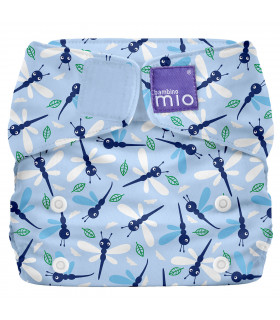 Closed up All in One reusable nappy with lightblue blue and Dragonfly daze pattern