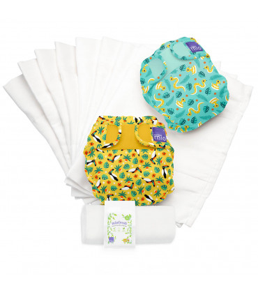 Two Reusable nappies with rainforest patters and washable diaper liners set bambino mio trial pack