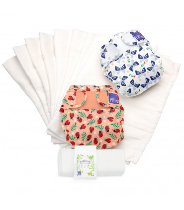 Two Reusable nappies with bugs life patters and washable diaper liners set bambino mio trial pack