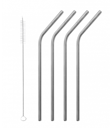 Four aligned bent grey colored stainless steel straws with straight straw brush