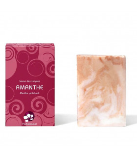 Pachamamai Amanthe pink and white bar soap for normal skin with cardboard  package on the side