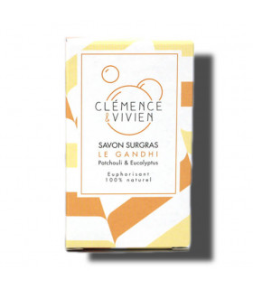 Orange and yellow colored striped Le Ghandi Clemence et Vivien bar soap cardboard package