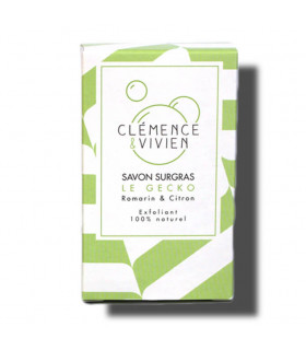Green colored striped Le Gecko Clemence et Vivien bar soap cardboard package
