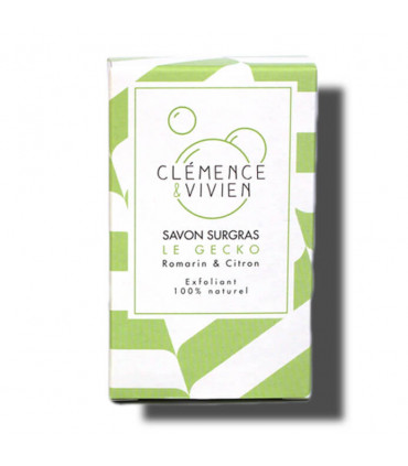 Green colored striped Le Gecko Clemence et Vivien bar soap cardboard package