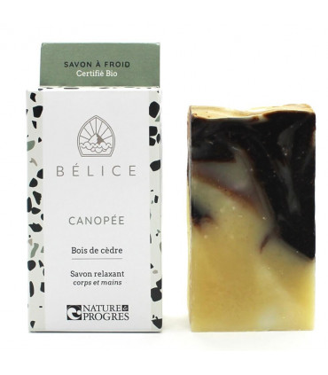 Belice canopy black and yellow bar soap with cardboard package on the side