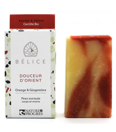Belice oriental sweetness red and yellow bar soap with cardboard package on the side