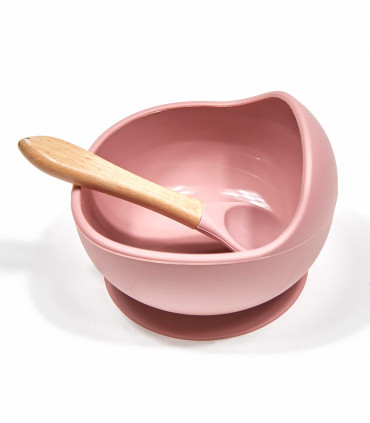 Baby silicone bowl and wooden spoon - Dusty Rose, Takaterra