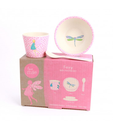 Love Mae pink fairy pattern bowl, spoon, tumbler and suction cup in cardboard package bamboo dinner set
