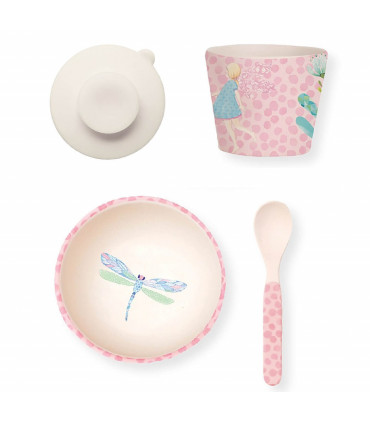 Love Mae pink fairy pattern bamboo bowl, spoon, tumbler and suction cup baby dinner set