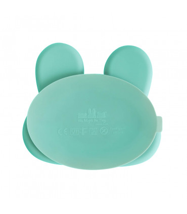 Stickie Plate silicone suction cup under minty green bunny baby plate from We might be tiny